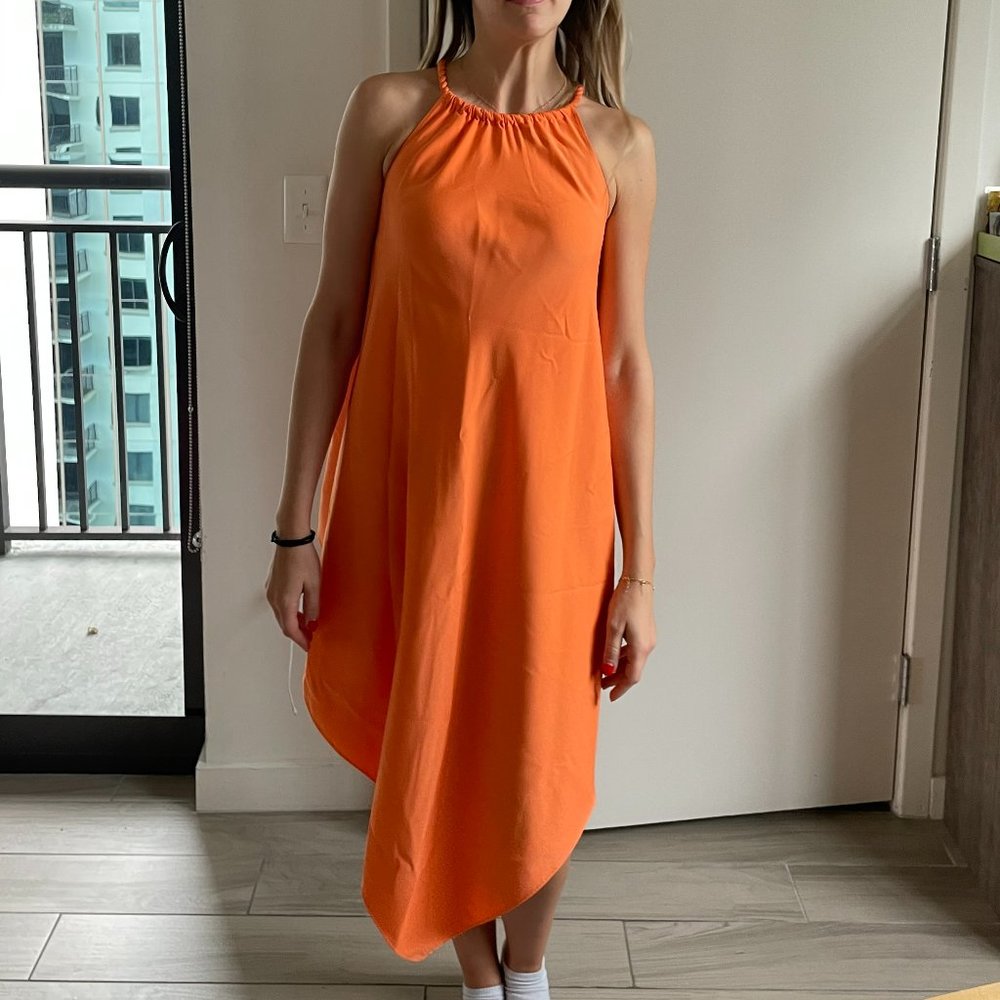 Orange mid length dress; Sleeveless
